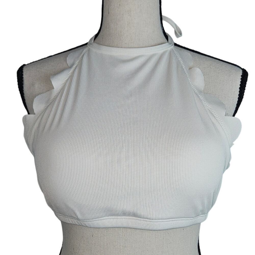 Zaful White Ribbed Scalloped Halter Neck Bikini Swimsuit Top - Size L (US 8)